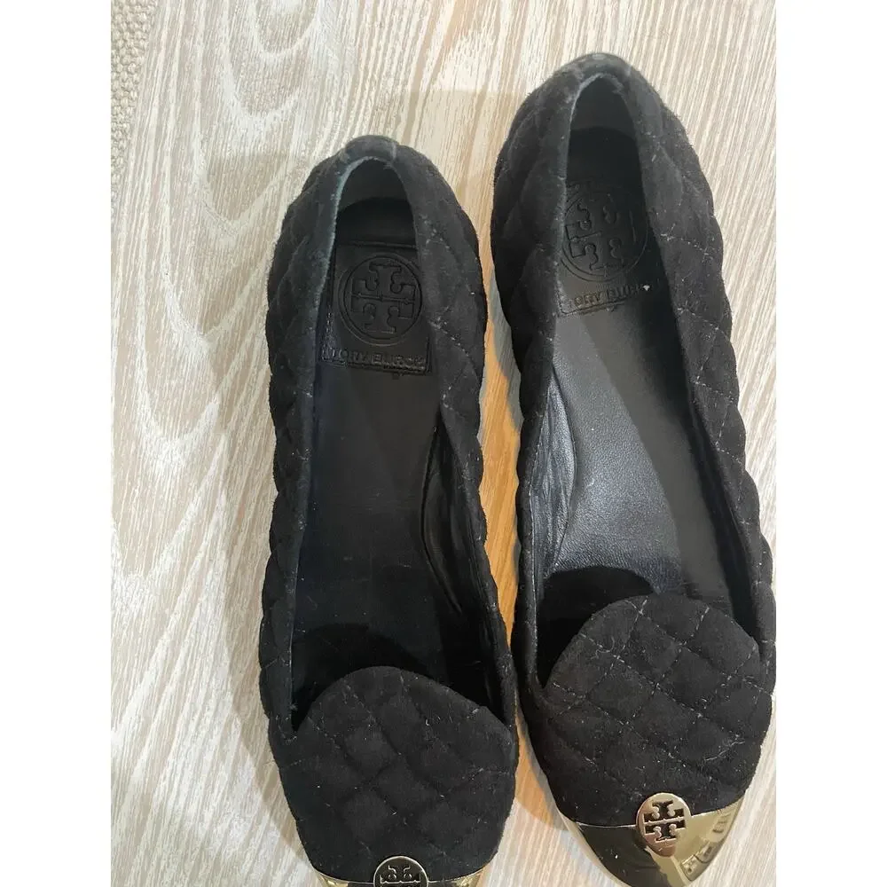 Tory Burch Women's Kaitlin Quilted Suede Ballet Flats Black/Bronze Size 9298